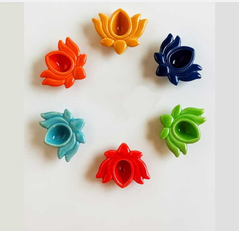 Ceramic Blue pottery Cute Lotus Diyas set of 4
